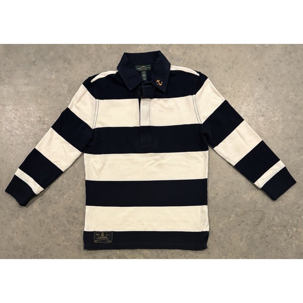 LRL Lauren Jeans Co Ralph Lauren Navy Blue & White Striped Rugby Shirt Womens XS